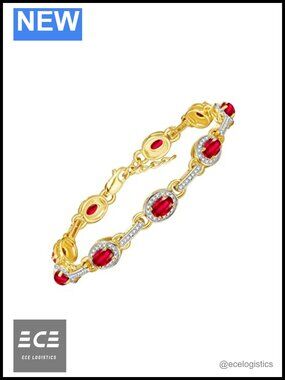Rylos Tennis Bracelet Gemstones & Diamond Halo Gold Plated Silver 925